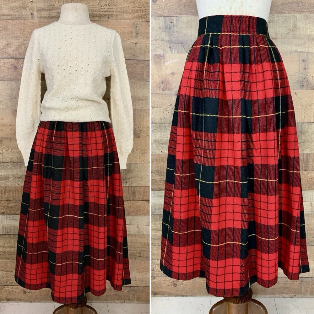 Vintage 1970’s Red Plaid High Waist Wool Blend Maxi 28” Waist Boho